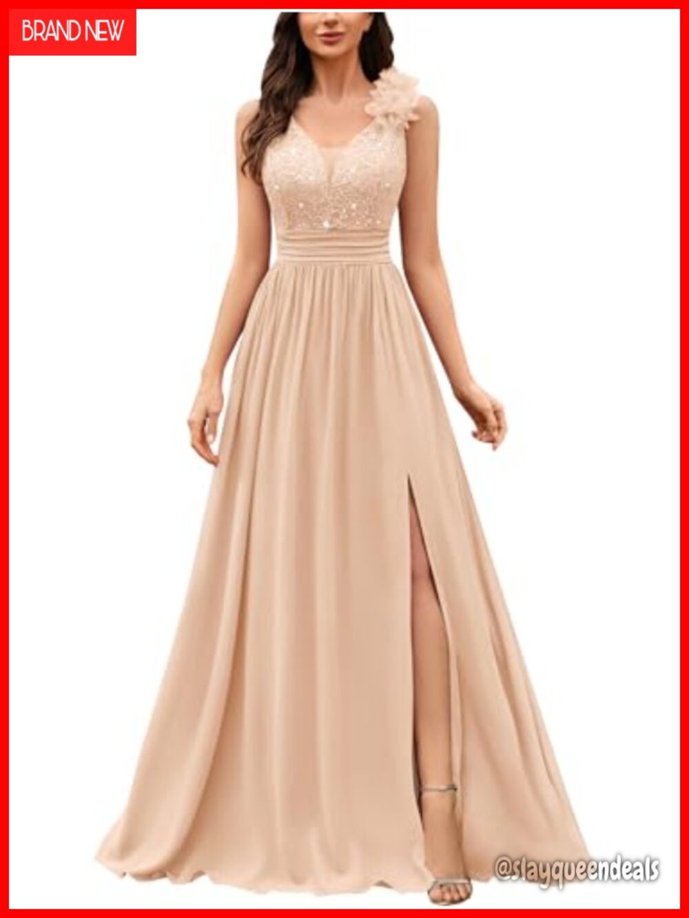Miusol Sequined Lace V-Neck Sleeveless A-Line Evening Maxi Dress
